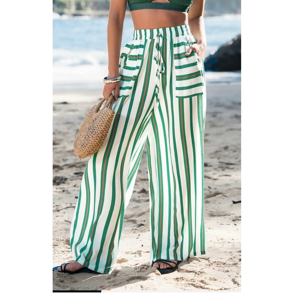 Striped Green & White Wide Leg Beach Pants